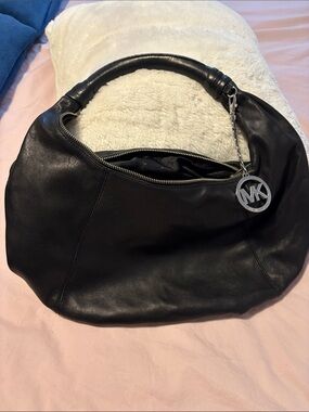 Michael Kors Black Leather Hobo with MK Charm